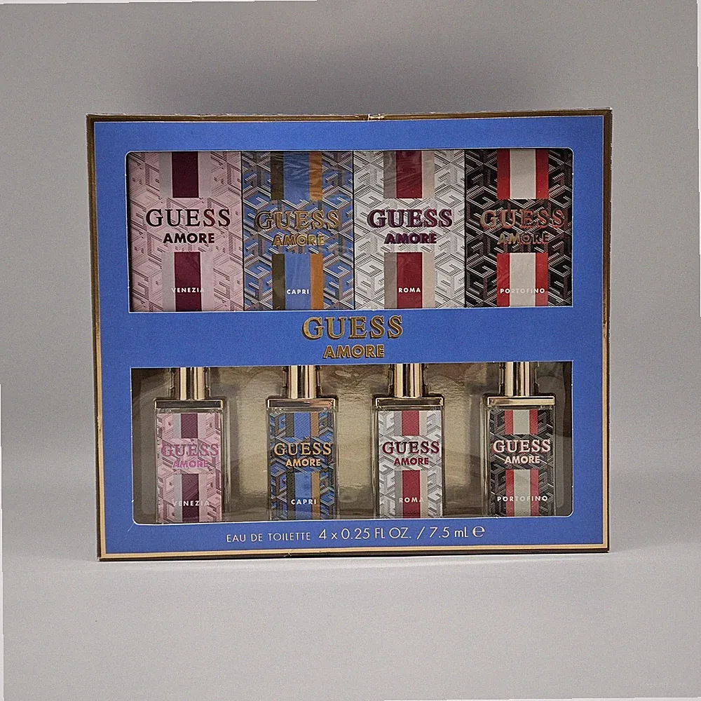 4 PC GUESS AMORE Mini Eau de Toilette EDT Spray Set Venezia Capri Roma Portofino